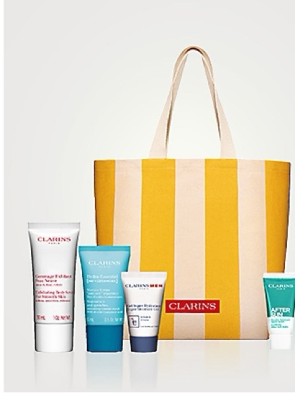 Clarins 5 pc Skincare Gift Set w FREE Striped Canvas Tote Brand New GWP